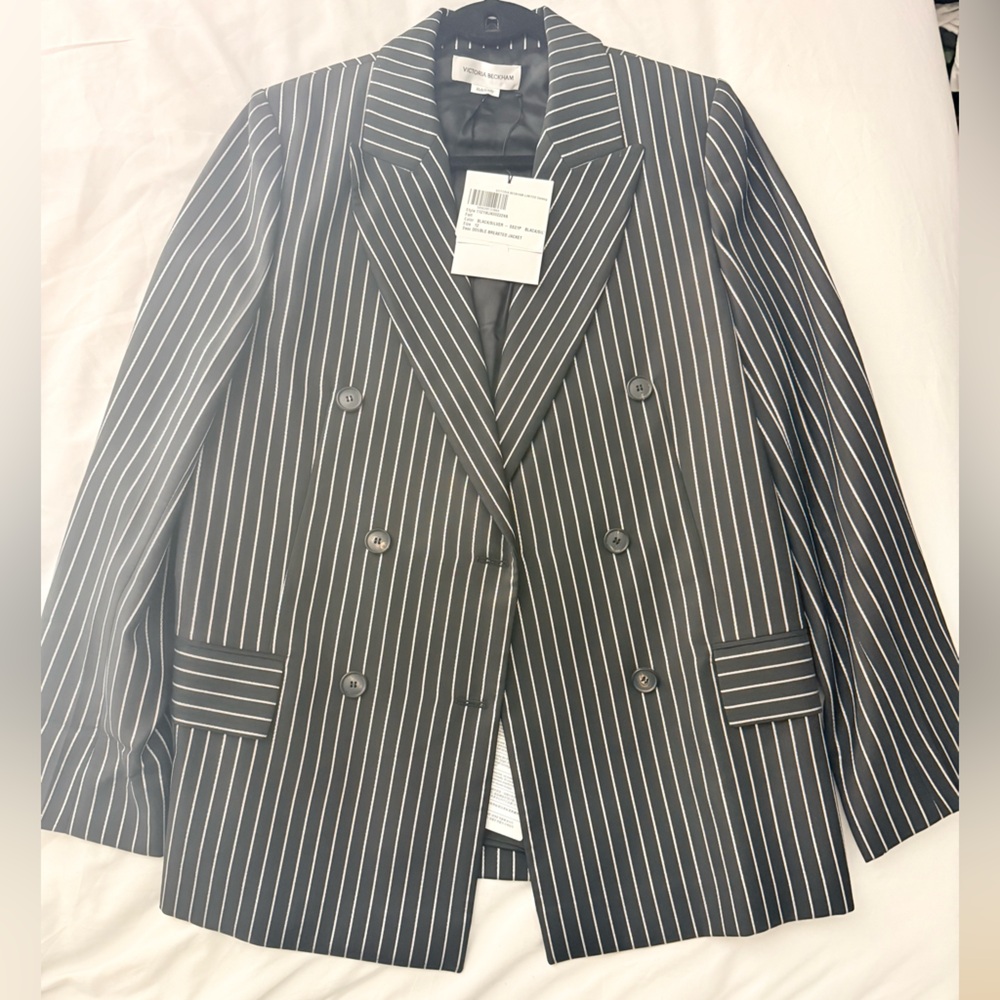 NWT Victoria Beckham Black and Silver Pinstripe Double-Breasted Blazer Size 8